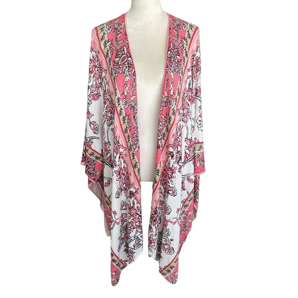 Chico’s L/XL Floral Cotton Blend Open Front Lagen Look Kimono Cardigan Women - Picture 3 of 7